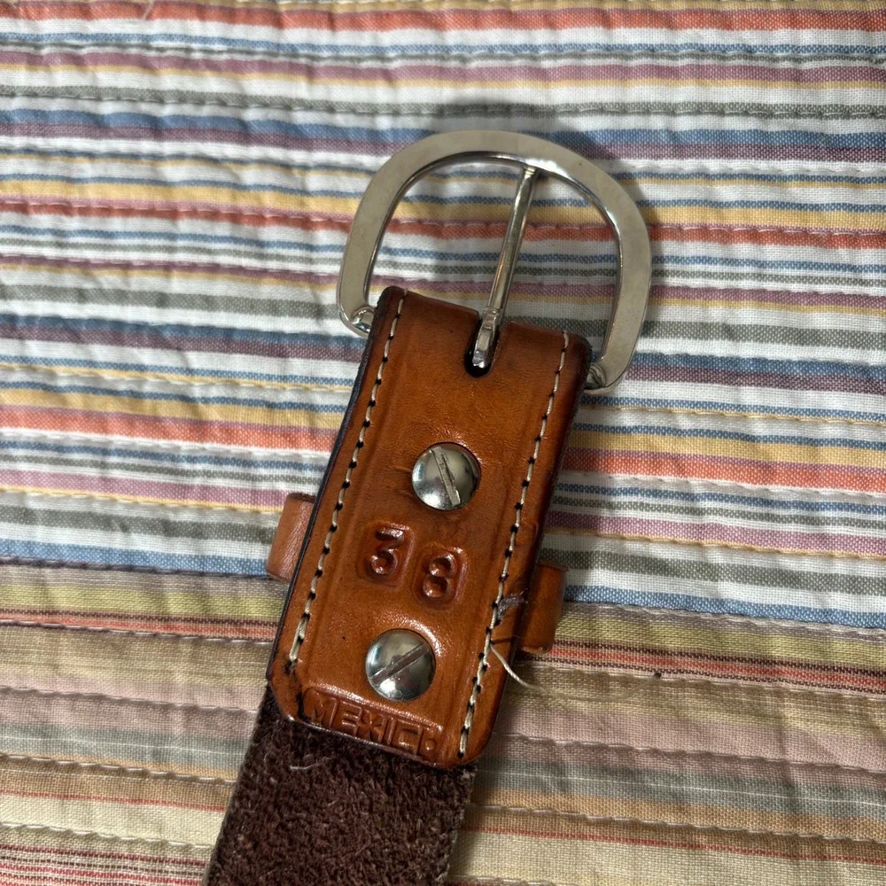 Vintage Basketweave Tooled Leather Belt Mens 38 Brown Western Boho Mexico Buckle